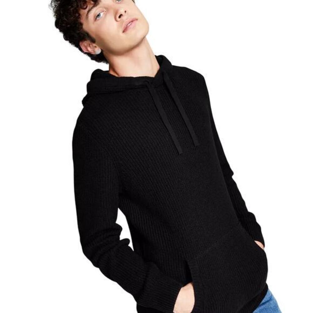 And Now This Men's Soft Knit Textured Sweater Hoodie Black Size L NWT‎